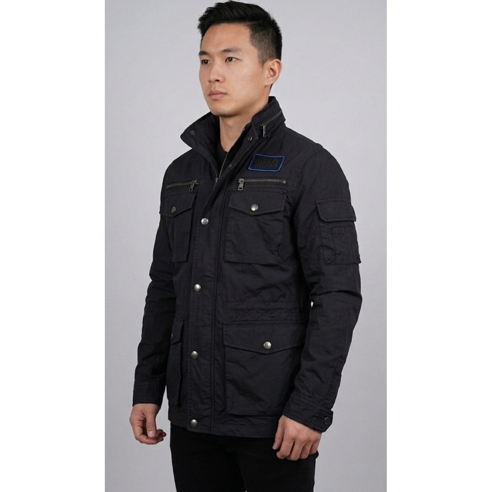 DIESEL Men's Military Field Jacket Black Cotton Blend Hooded Utility Coat Size S